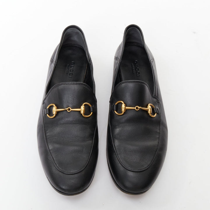 GUCCI Brixton black soft leather collapsible heel horsebit flat loafers EU38