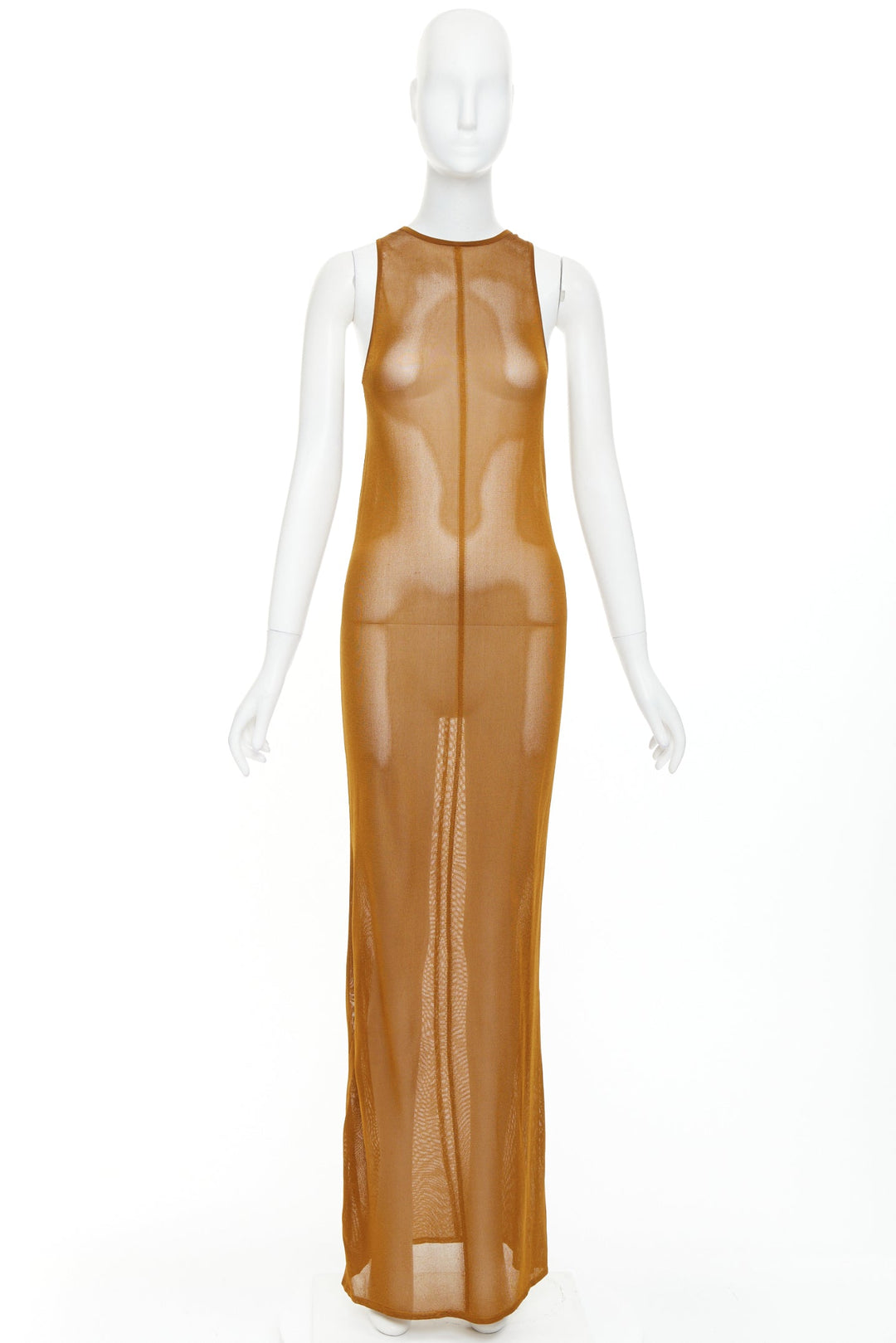 SAINT LAURENT 2022 warm brown slinky viscose semi sheer knit maxi tank dress S