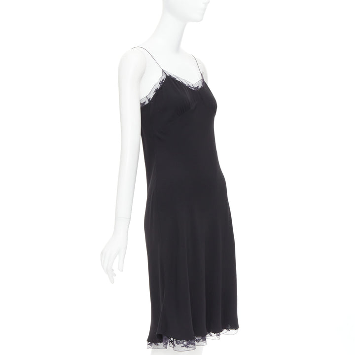 THE ROW Santi 100% silk crepe black fluid lace trim knee length slip dress US2 S