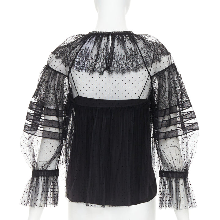 CHRISTIAN DIOR 2017 black sheer polka dot smocked lace Victorian top FR34 XS