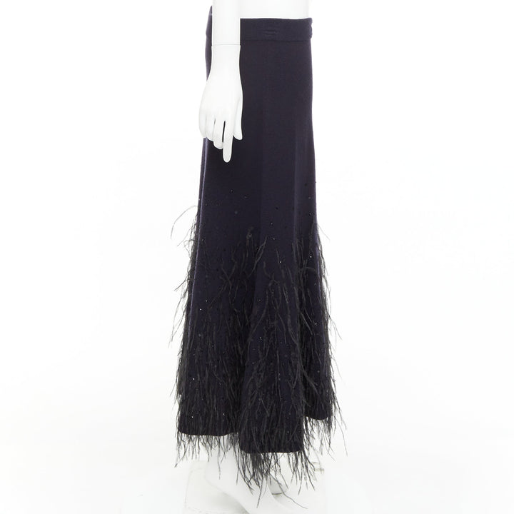 MICHAEL KORS COLLECTION navy knit black ostrich feather sequin embellished skirt