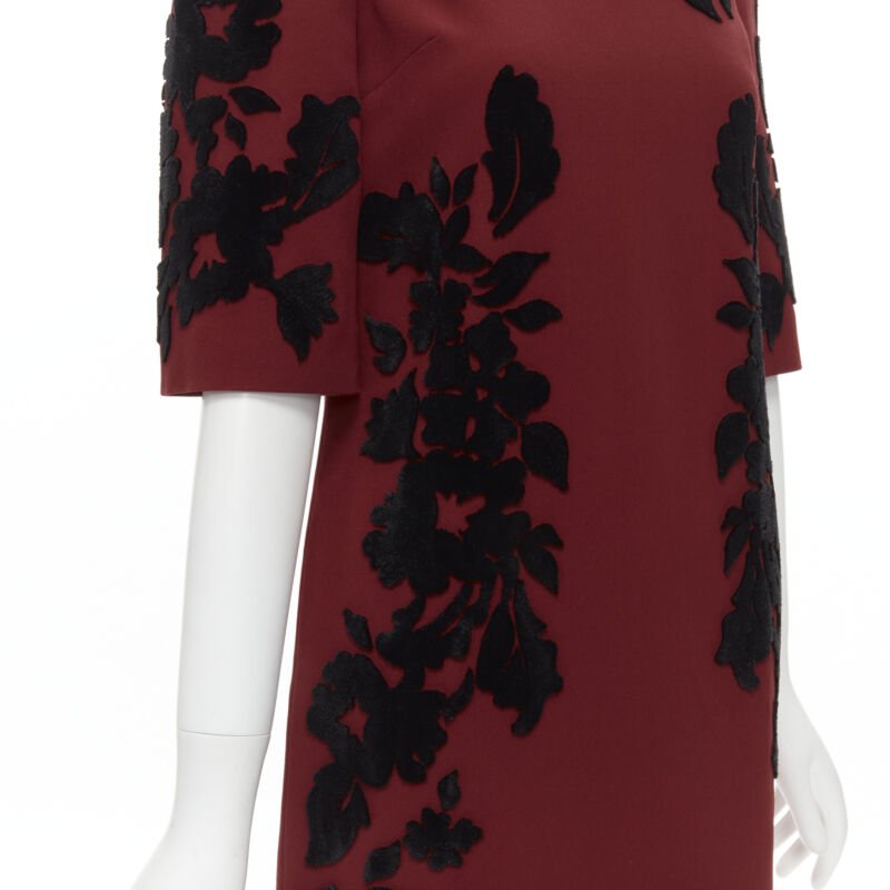 DOLCE GABBANA red crepe black floral velvet devore sheath dress IT36 XS