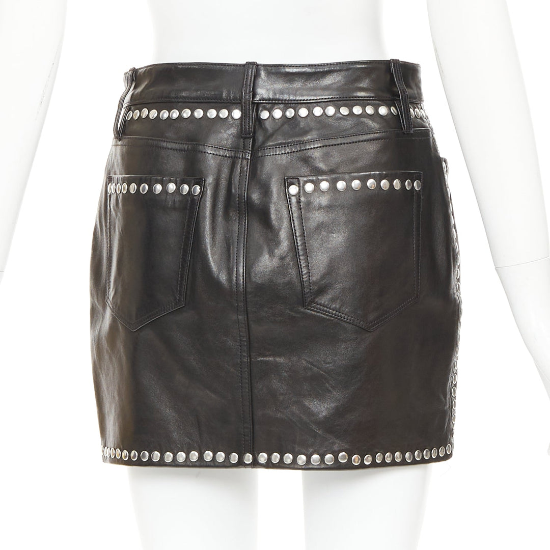 FRAME black lambskin leather silver studded high waist mini skirt 25"