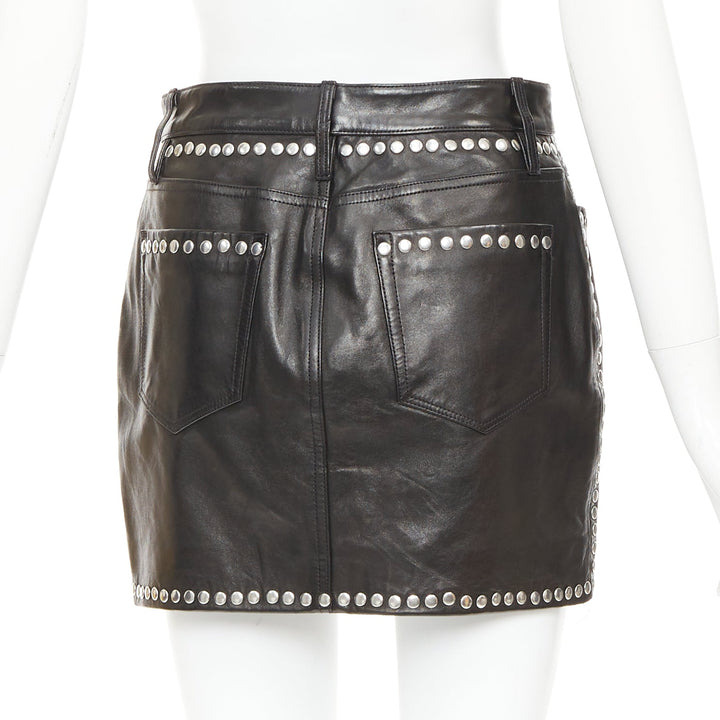 FRAME black lambskin leather silver studded high waist mini skirt 25"