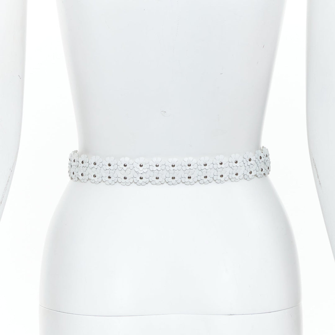 ALAIA 2022 white leather 3D floral petal laser cut studded slim waist belt 65cm