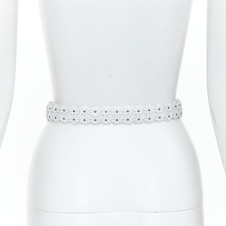 ALAIA 2022 white leather 3D floral petal laser cut studded slim waist belt 65cm
