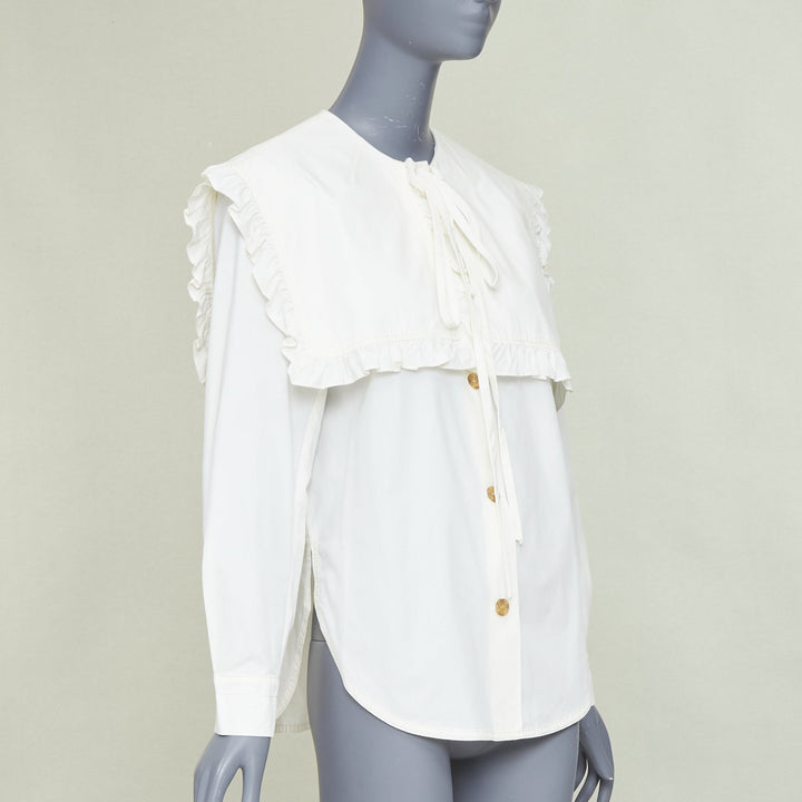 REJINA PYO Tate cream white ruffled sailor collar cotton-poplin  bow shirt S