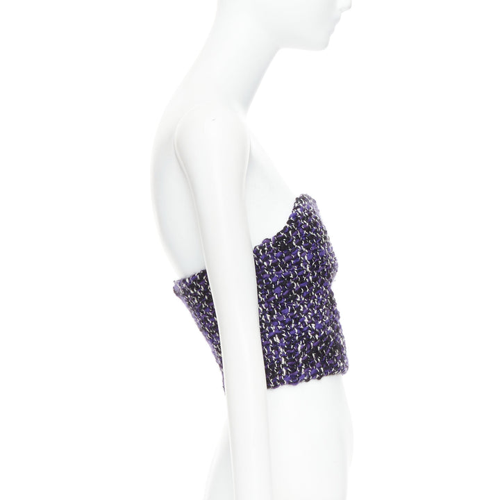 PRADA 2018 Runway purple wool tweed rubber badge strapless bustier tube IT40 S