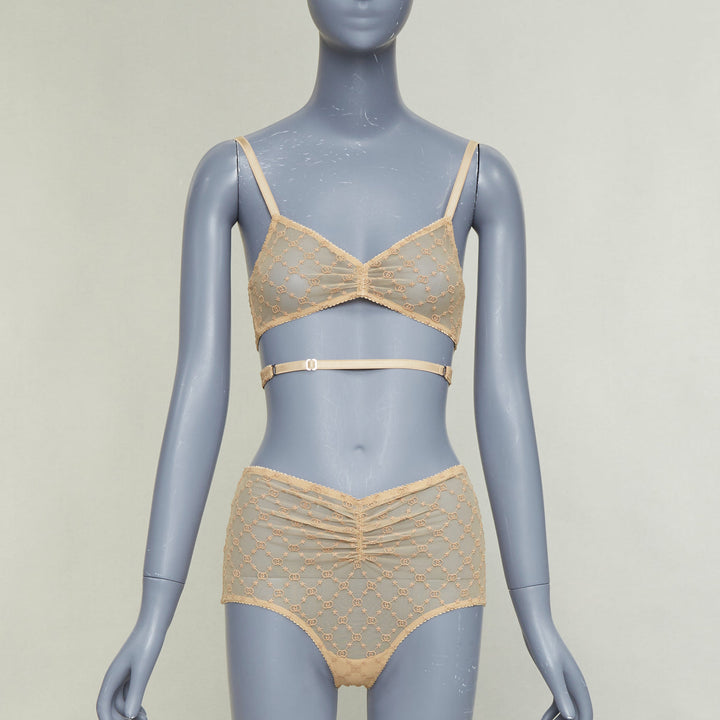 GUCCI Alessandro Michele GG Star nude monogram embroidered tulle lingerie set S