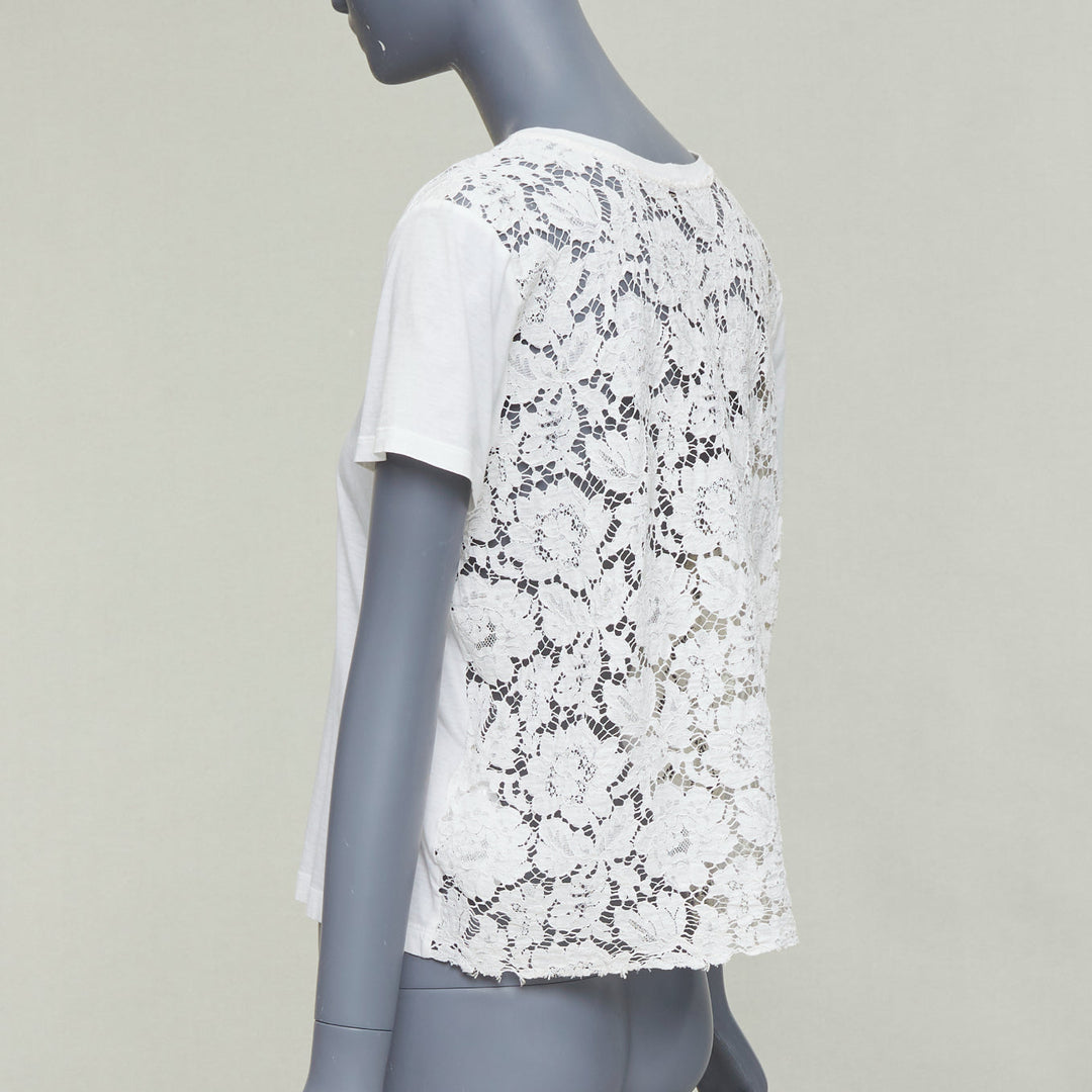 VALENTINO cream cotton intricate lace back sheer hi low tshirt S