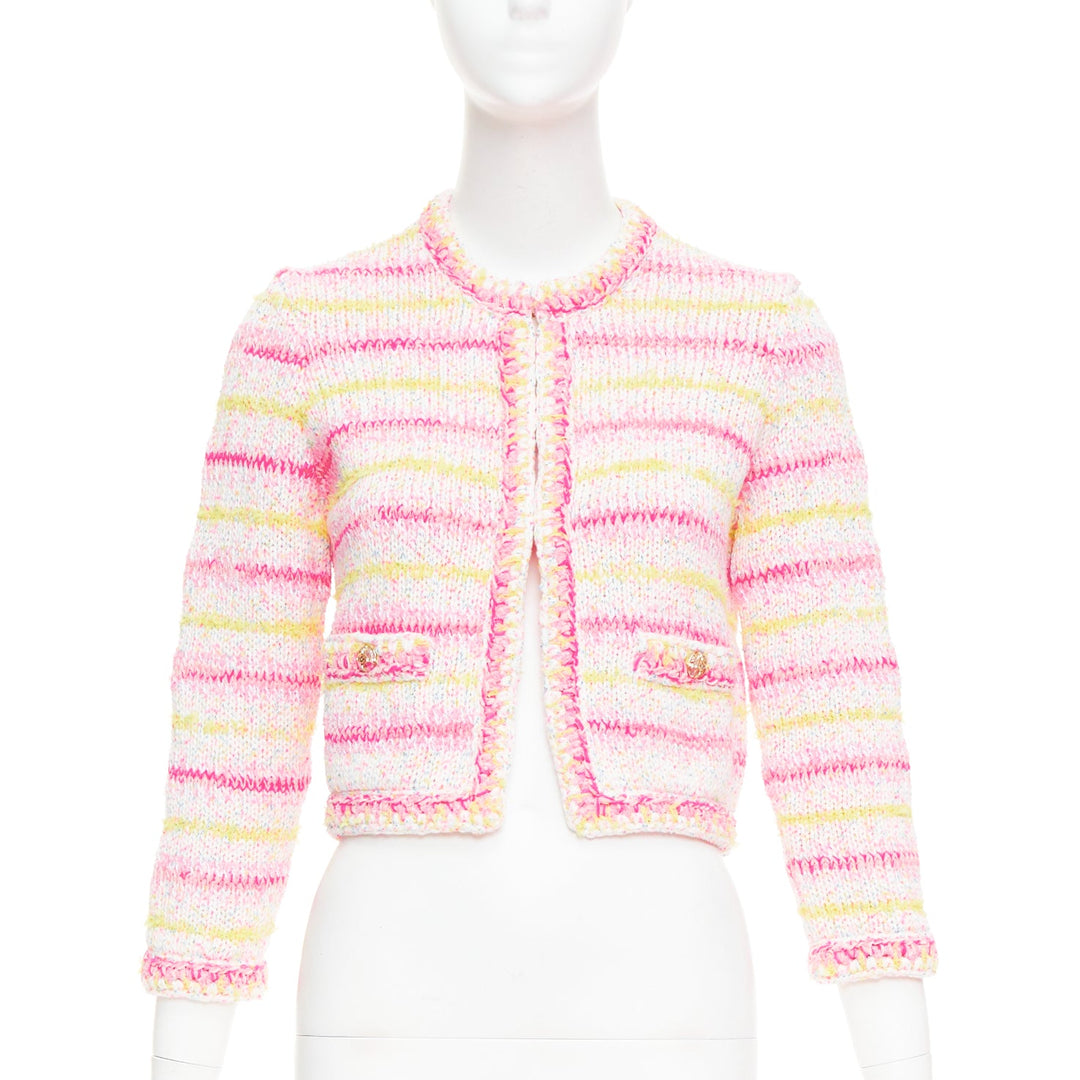 CHANEL 24C Coco Heart pink crochet tweed trim cardigan jacket FR34 XS