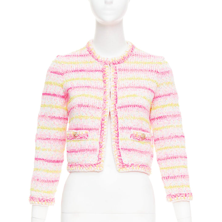 CHANEL 24C Coco Heart pink crochet tweed trim cardigan jacket FR34 XS