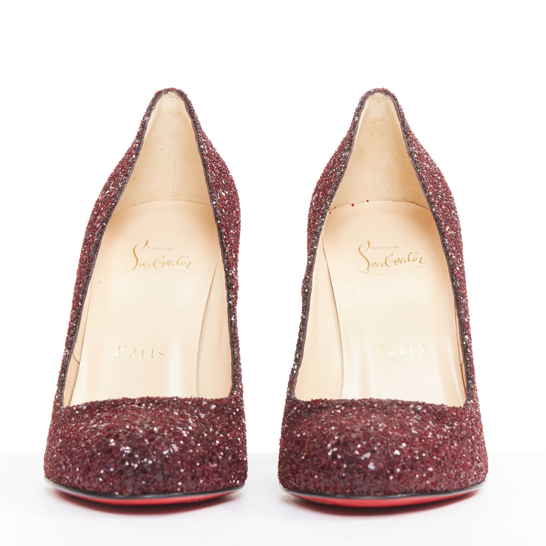 CHRISTIAN LOUBOUTIN Ron Ron 100 Glitter Oxblood red almond toe pump EU37.5
