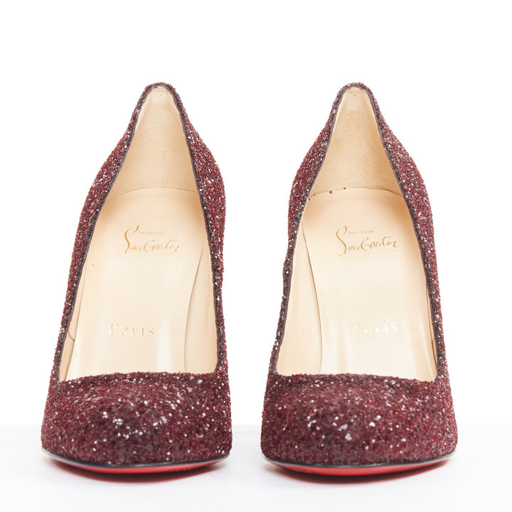CHRISTIAN LOUBOUTIN Ron Ron 100 Glitter Oxblood red almond toe pump EU37.5