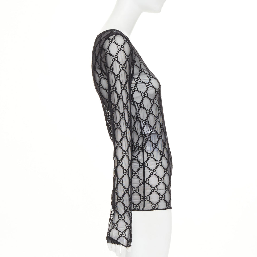 GUCCI 2019 black sheer monogram GG embroidered tulle long sleeve top XXS
