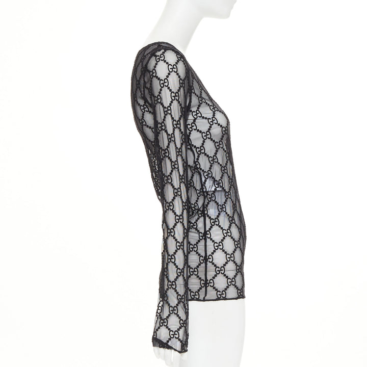 GUCCI 2019 black sheer monogram GG embroidered tulle long sleeve top XXS