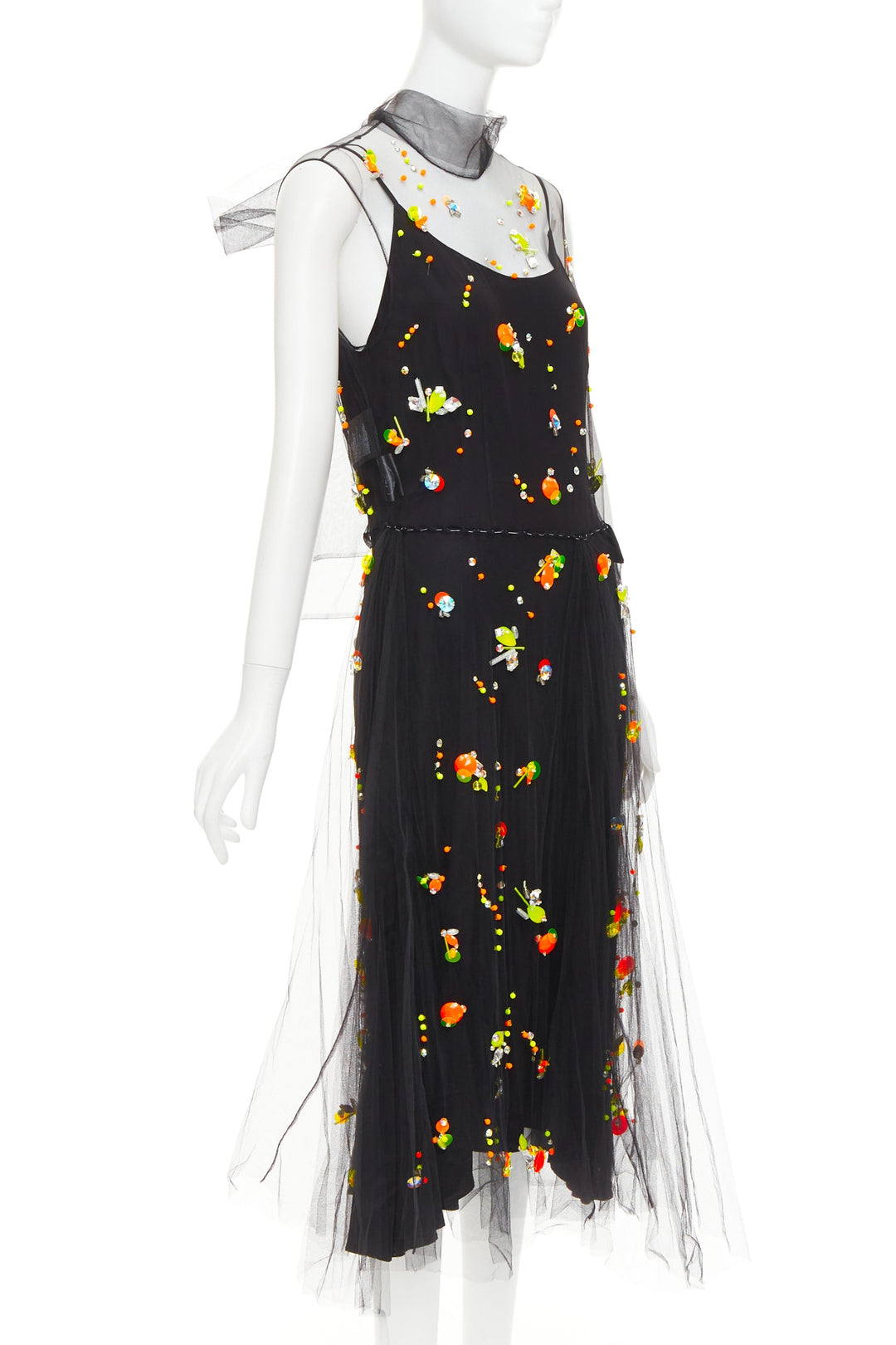 rare PRADA 2018 Runway Abito neon orange black tulle sporty logo dress IT42 M