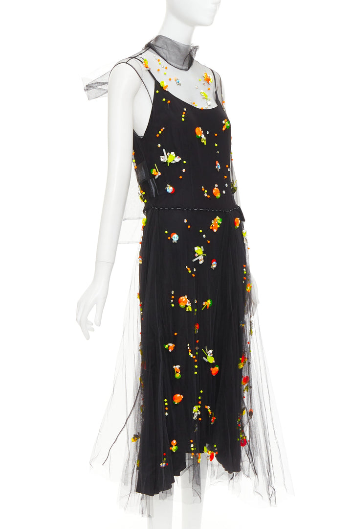 rare PRADA 2018 Runway Abito neon orange black tulle sporty logo dress IT42 M
