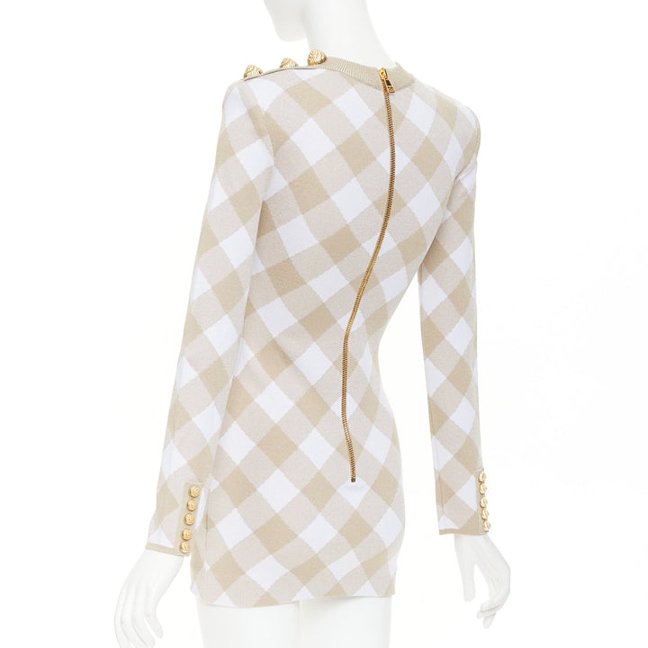BALMAIN Vichy nude white gingham checkered dress gold buttons dress FR34 XS