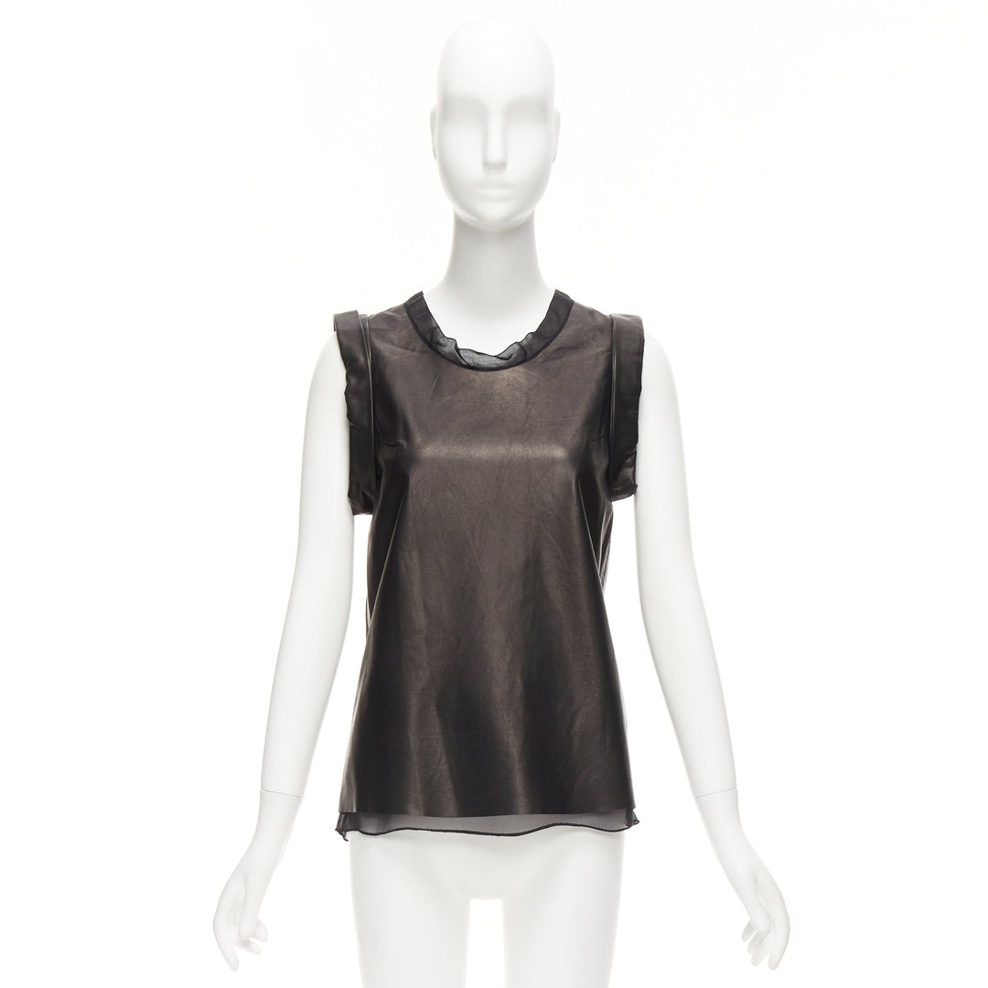 3.1 PHILLIP LIM black leather sheer silk trim folded sleeves tunic top US2 S
