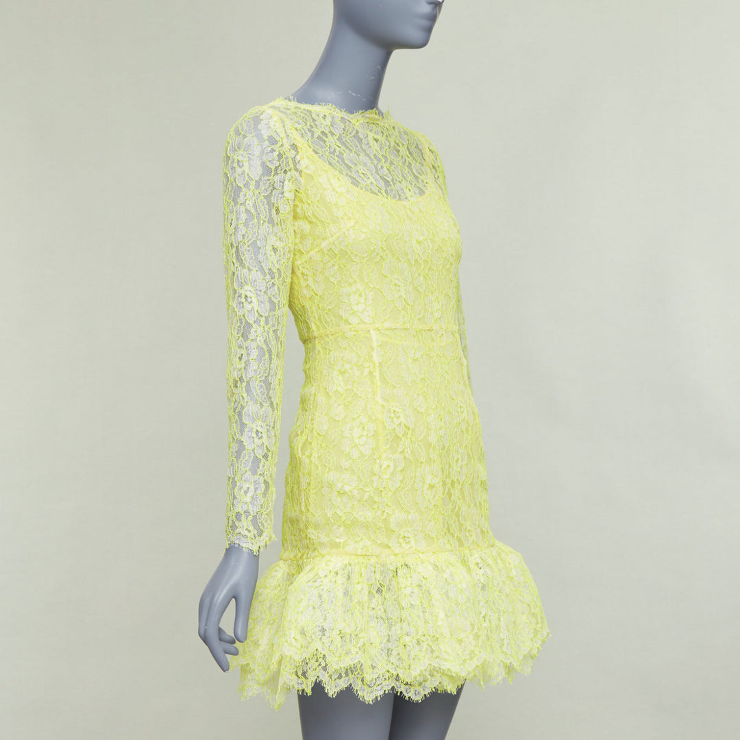 VALENTINO neon yellow cream lace silk lined tulle trim mini dress