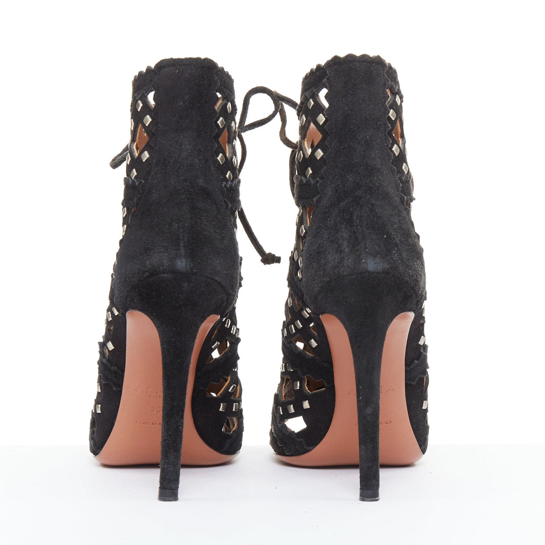 ALAIA black suede laser cut diamond lattice studded cage ankle booties EU35