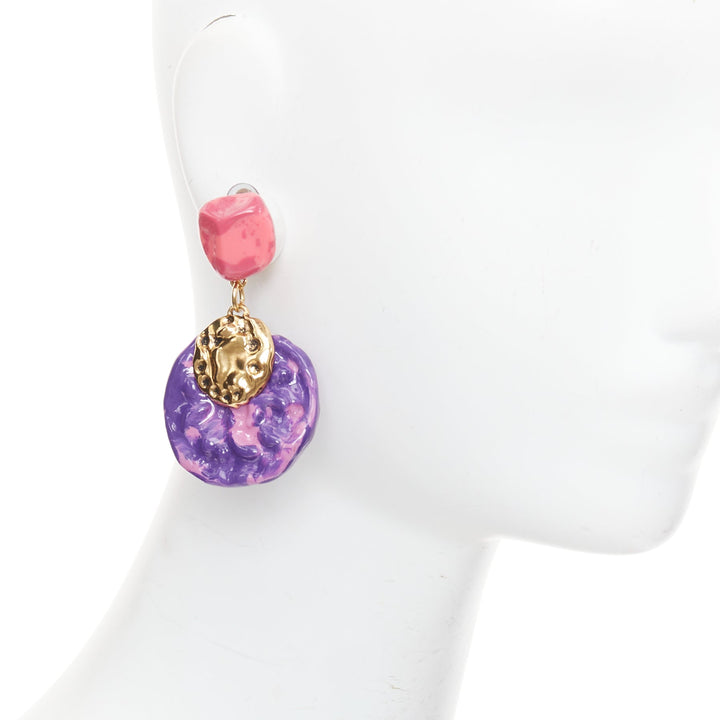 rare SAINT LAURENT 2022 Retro pink purple glazed resin brass clip earring Pair