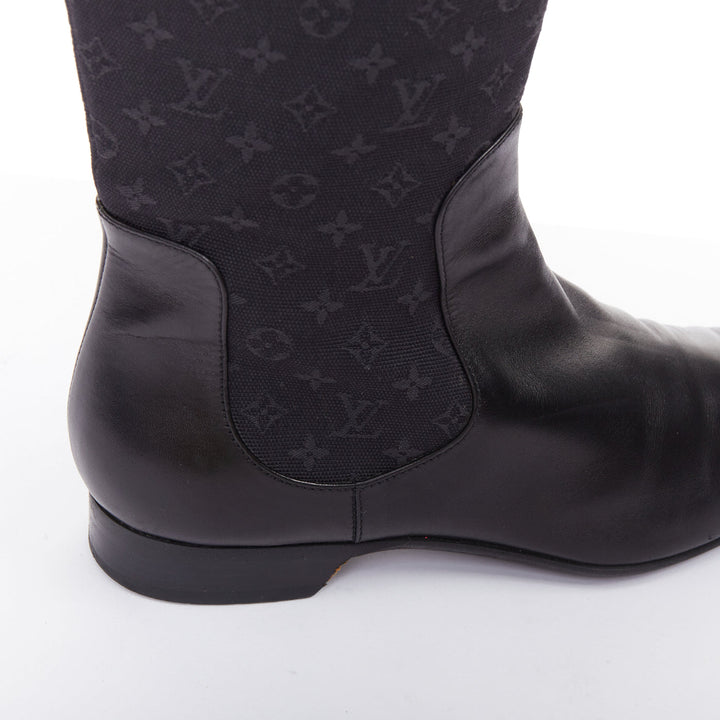 LOUIS VUITTON Mini Lin black monogram canvas saure toe riding boots EU37.5
