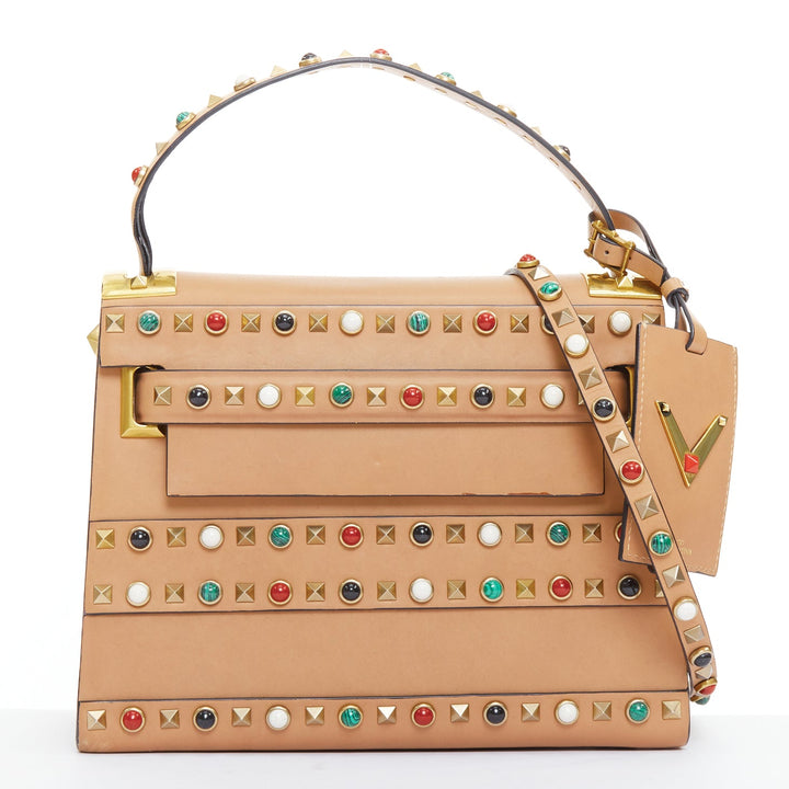VALENTINO Rockstud Native Couture brown calfskin multi stone stud satchel bag