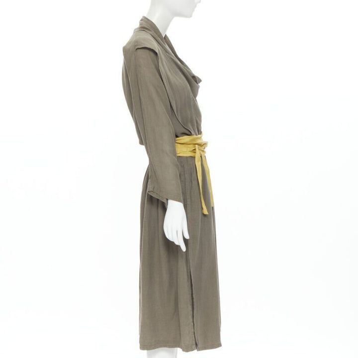 ISSEY MIYAKE 1980's Vintage grey linen yellow Obi belt cowl neck dress M Rare