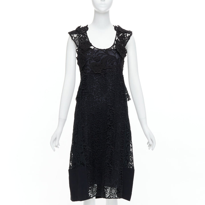 PRADA 2008 black cotton blend heavy lace applique panelled dress IT38 XS