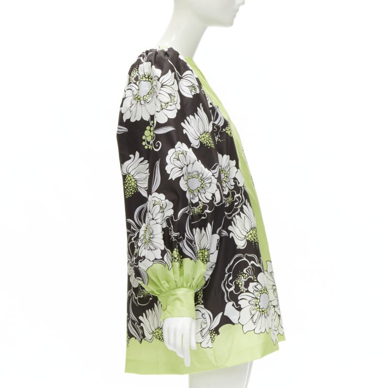 VALENTINO 2022 100% silk green brown floral print puff sleeve short dress IT38 S