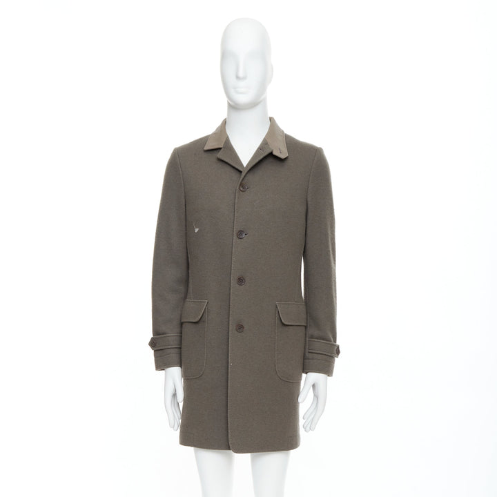 LORO PIANA khaki beige cashmere blend deer leather collar coat S