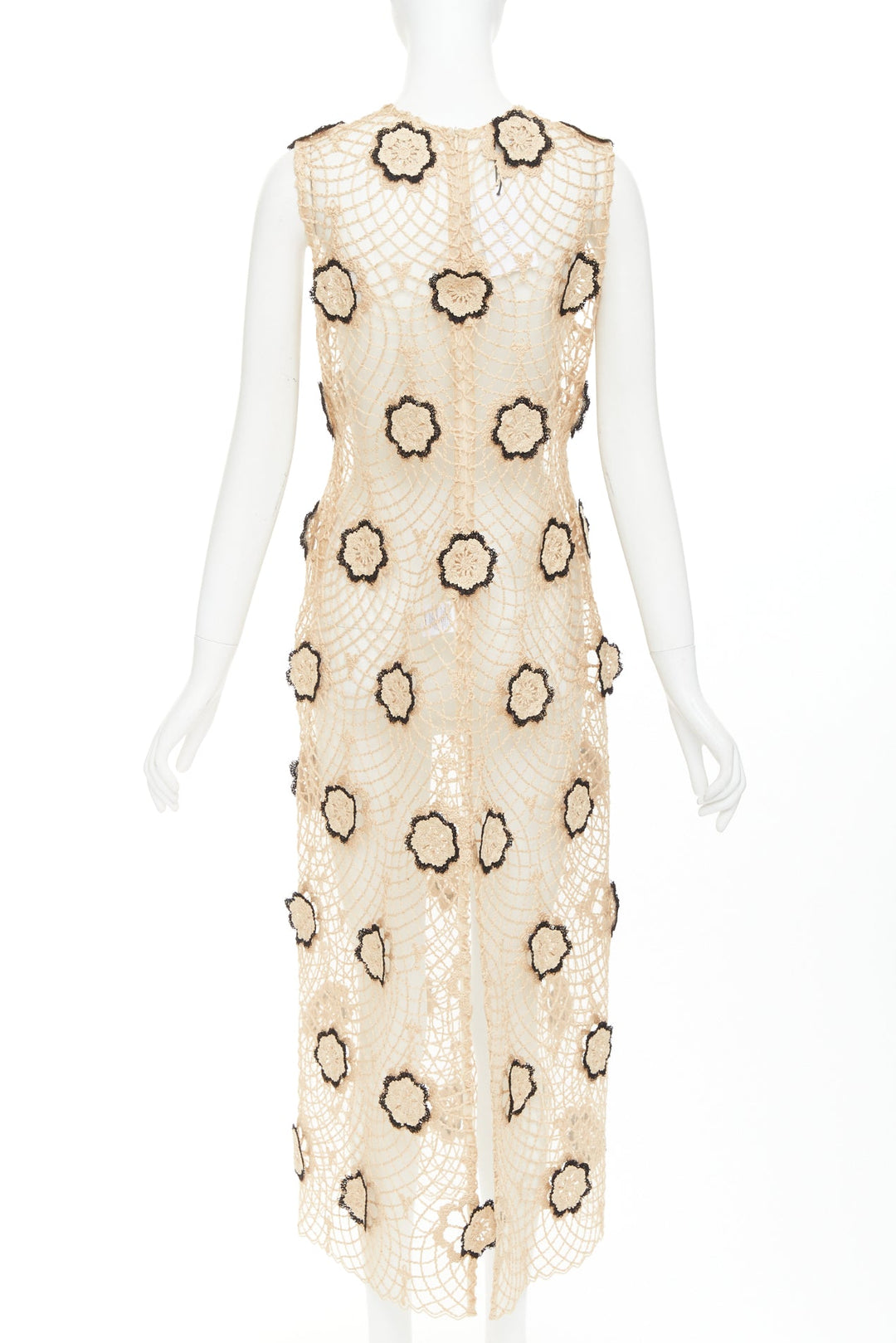 BEAUFILLE Zelle beige black braided jute black floral applique macrame dress L