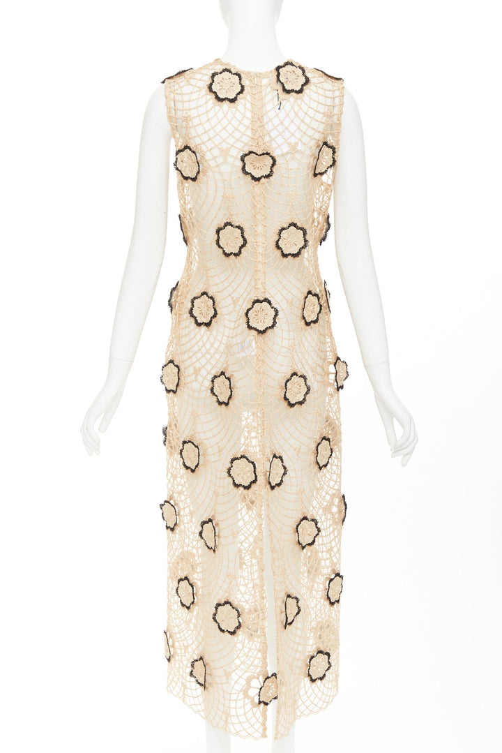 BEAUFILLE Zelle beige black braided jute black floral applique macrame dress L