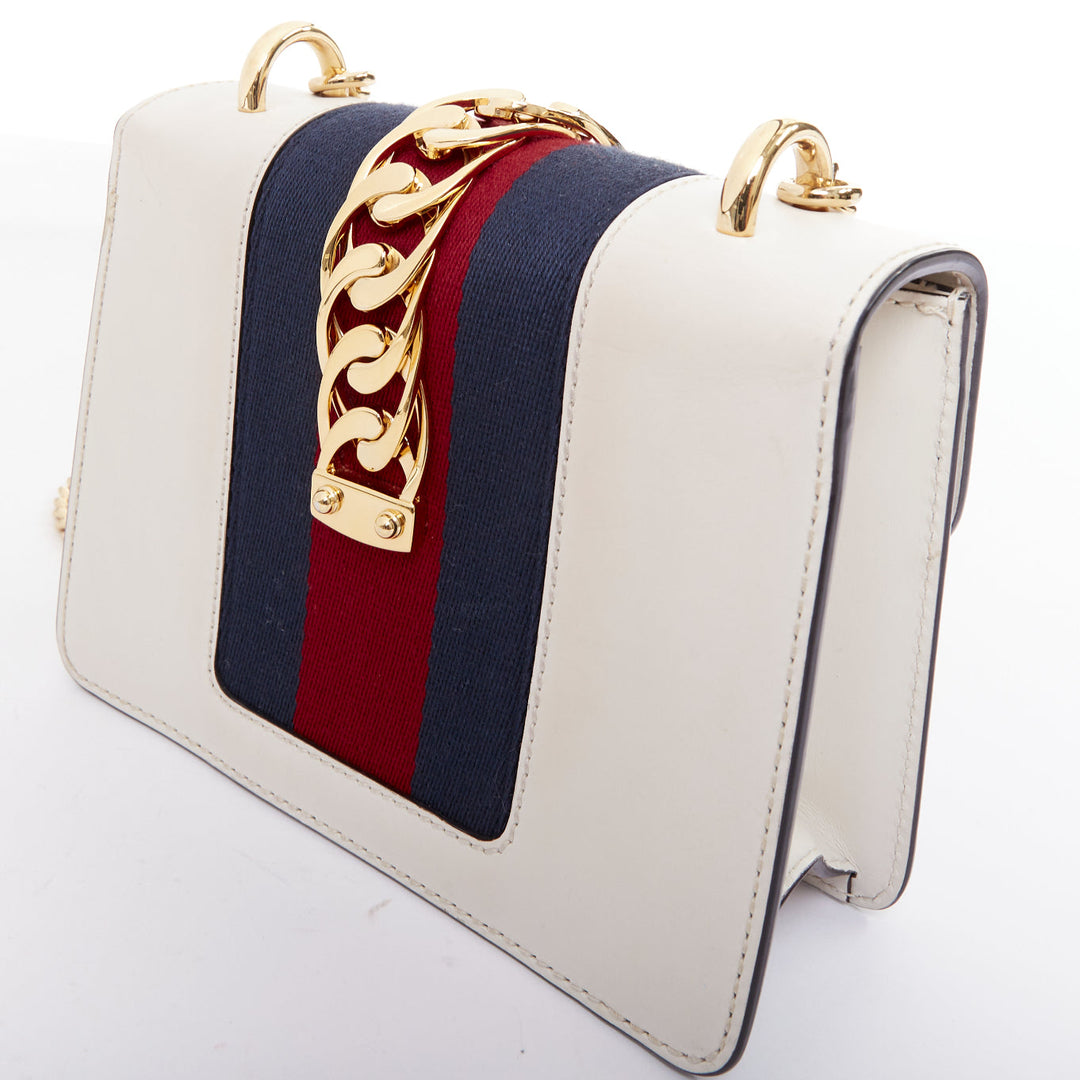GUCCI Small Sylvie white calf leather navy red web stripe chain shoulder bag