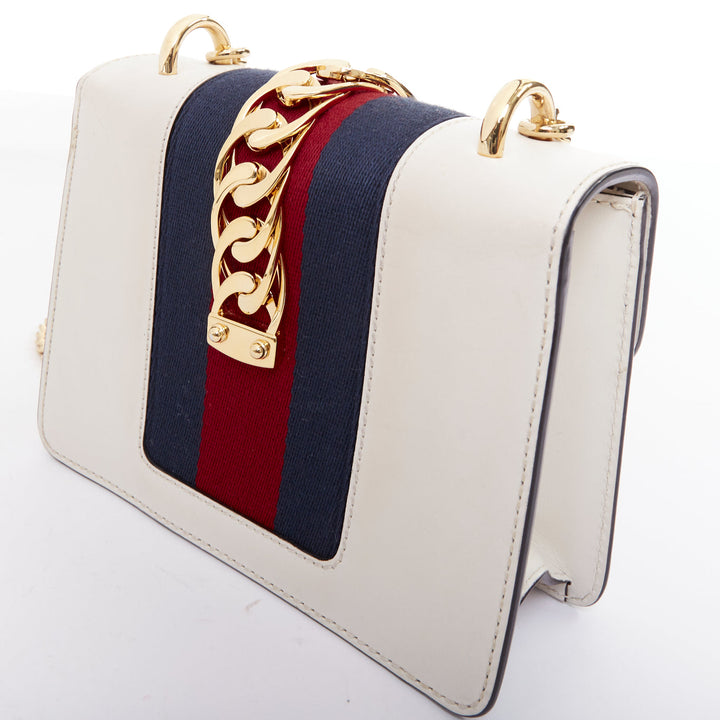 GUCCI Small Sylvie white calf leather navy red web stripe chain shoulder bag