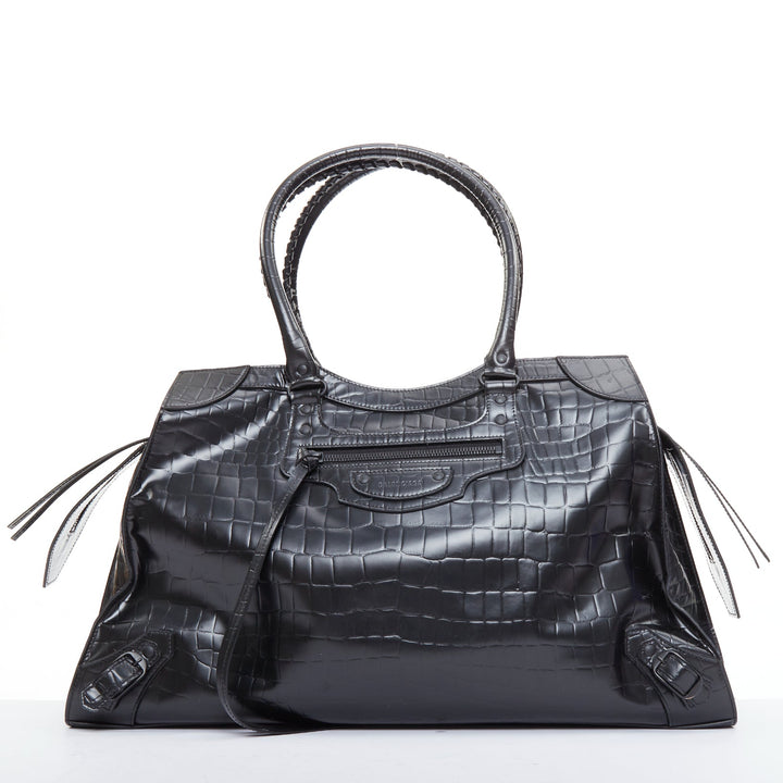 BALENCIAGA 2021 Neo Classic City black matte croc embossed leather satchel bag