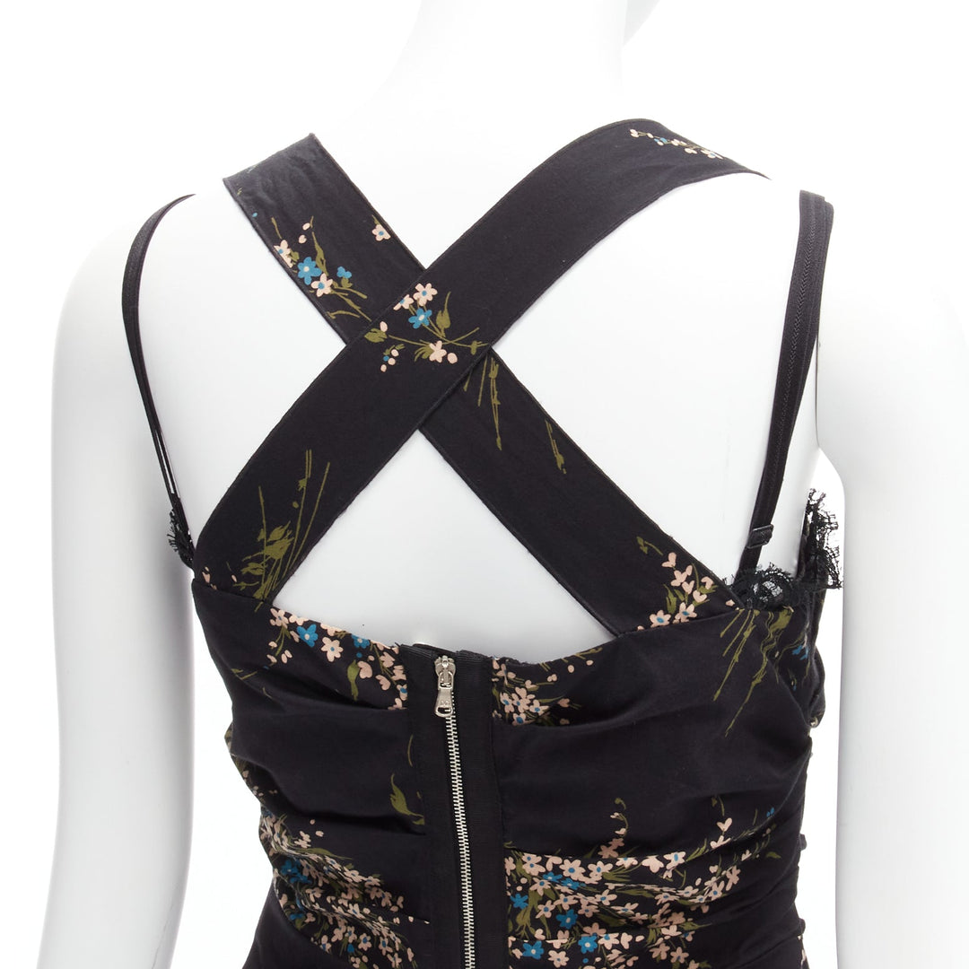 DOLCE GABBANA black floral print cross back lace trim corset top IT42 M