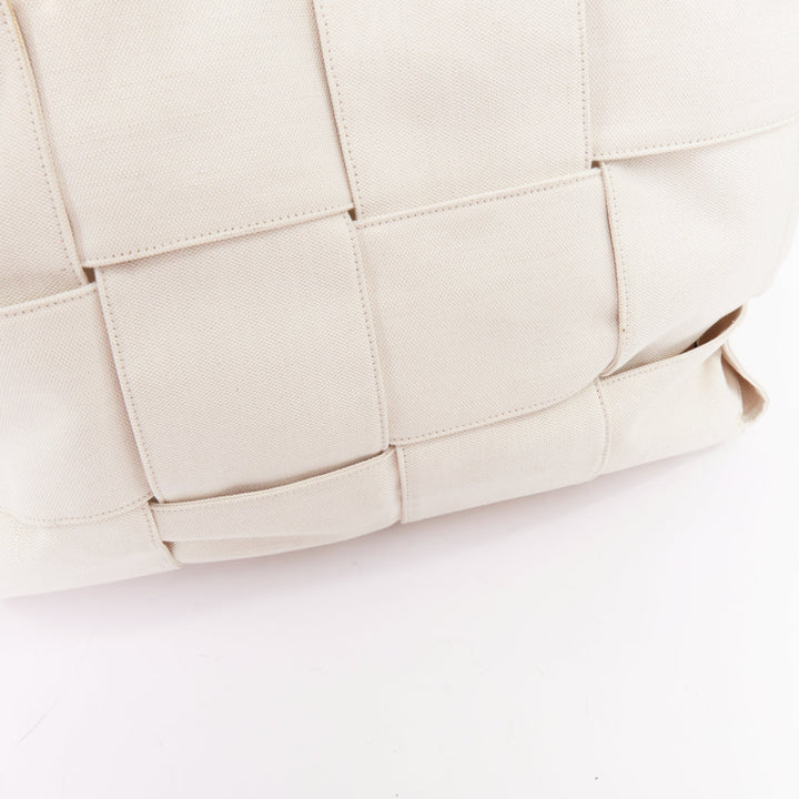 BOTTEGA VENETA Large Arco Intrecciato weave off white canvas black leather tote
