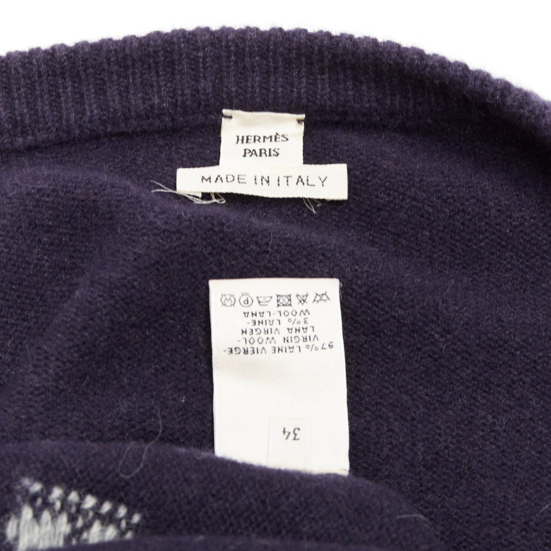 HERMES navy virgin wool white striped oversized knitted cardigan sweater FR34 XS