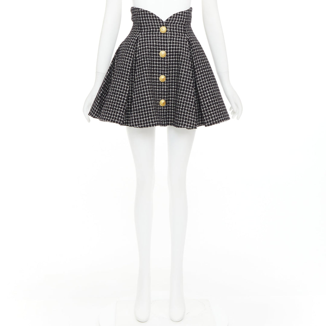 BALMAIN Tulip black white houndstooth cotton tweed flare skater skirt FR34 XS