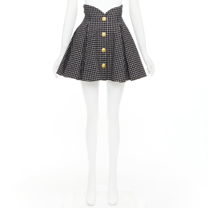 BALMAIN Tulip black white houndstooth cotton tweed flare skater skirt FR34 XS