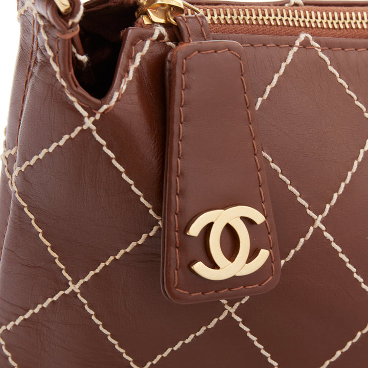 CHANEL Surpique Wild Stitch brown leather gold CC logo shoulder hobo bag