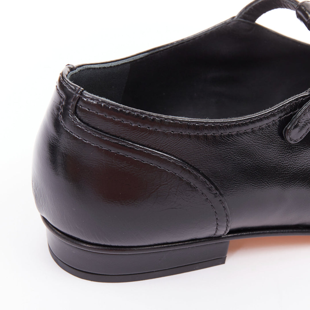 CHANEL 2023 black leather grosgrain CC cap toe T-Strap mary jane flats EU39.5
