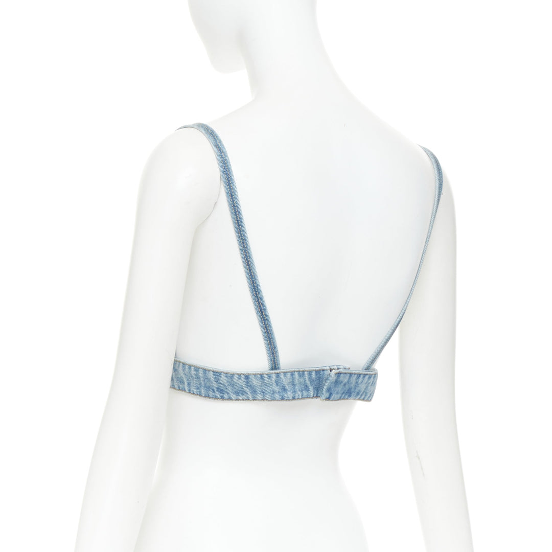 PRADA 2021 Organic Denim Bralette blue washed triangle logo plunge top IT42 M
