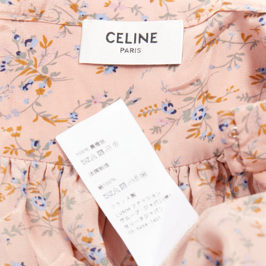 CELINE 100% silk pink blue prairie floral print midi skirt FR38 M