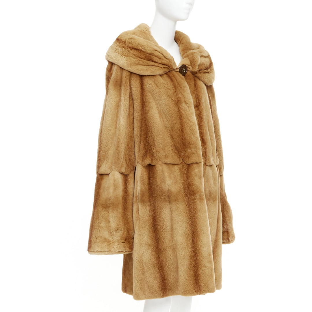 NO BRAND tan brown fur rounded shawl collar statement button long coat