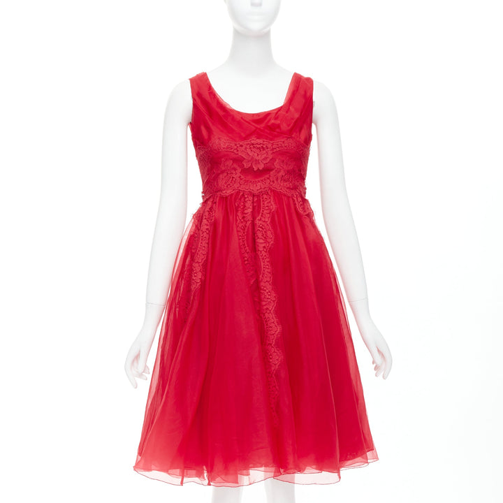 DOLCE GABBANA red cotton silk blend lace tulle fit flared dress IT36 XXS