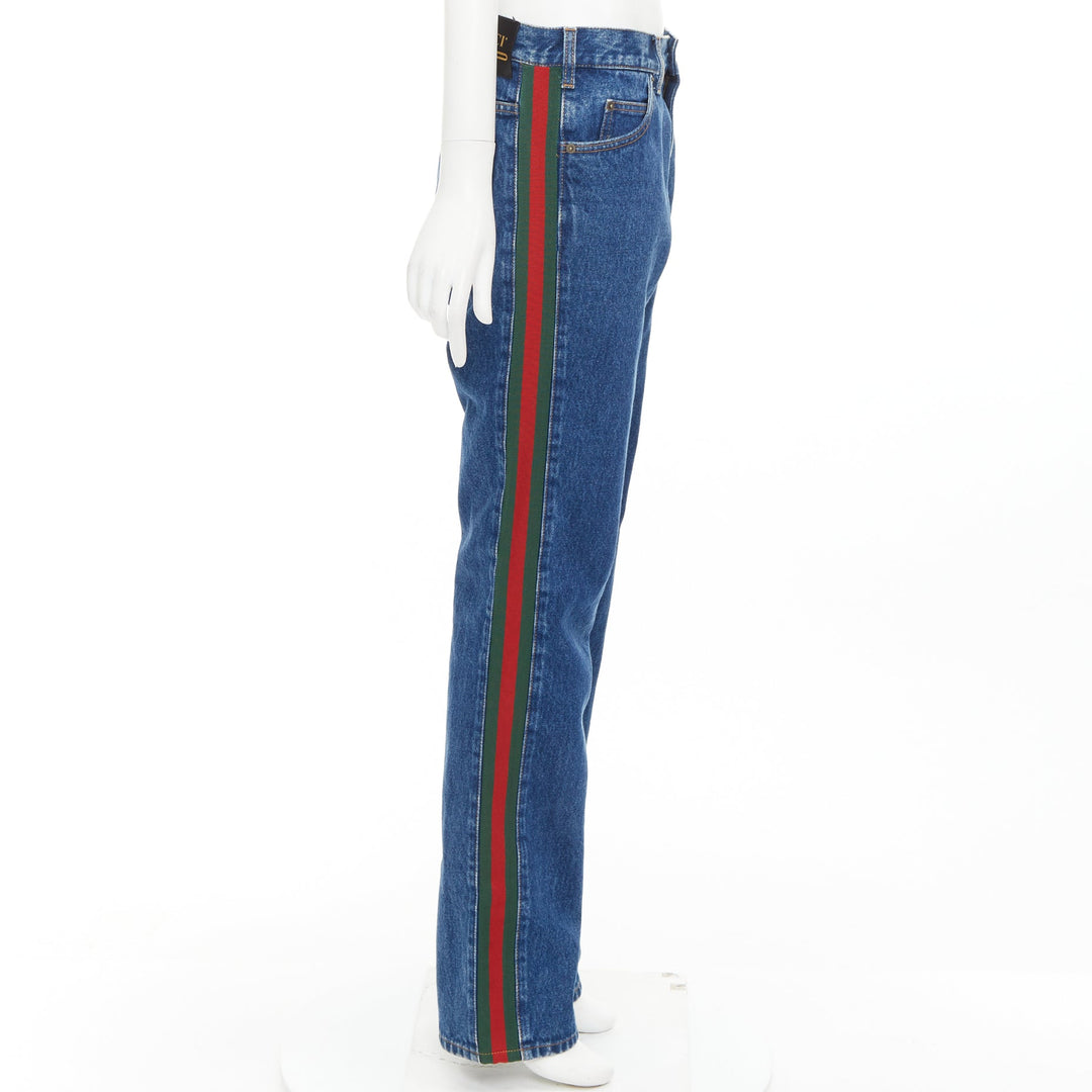 GUCCI blue cotton blend signature green red web trim straight leg jeans 31"